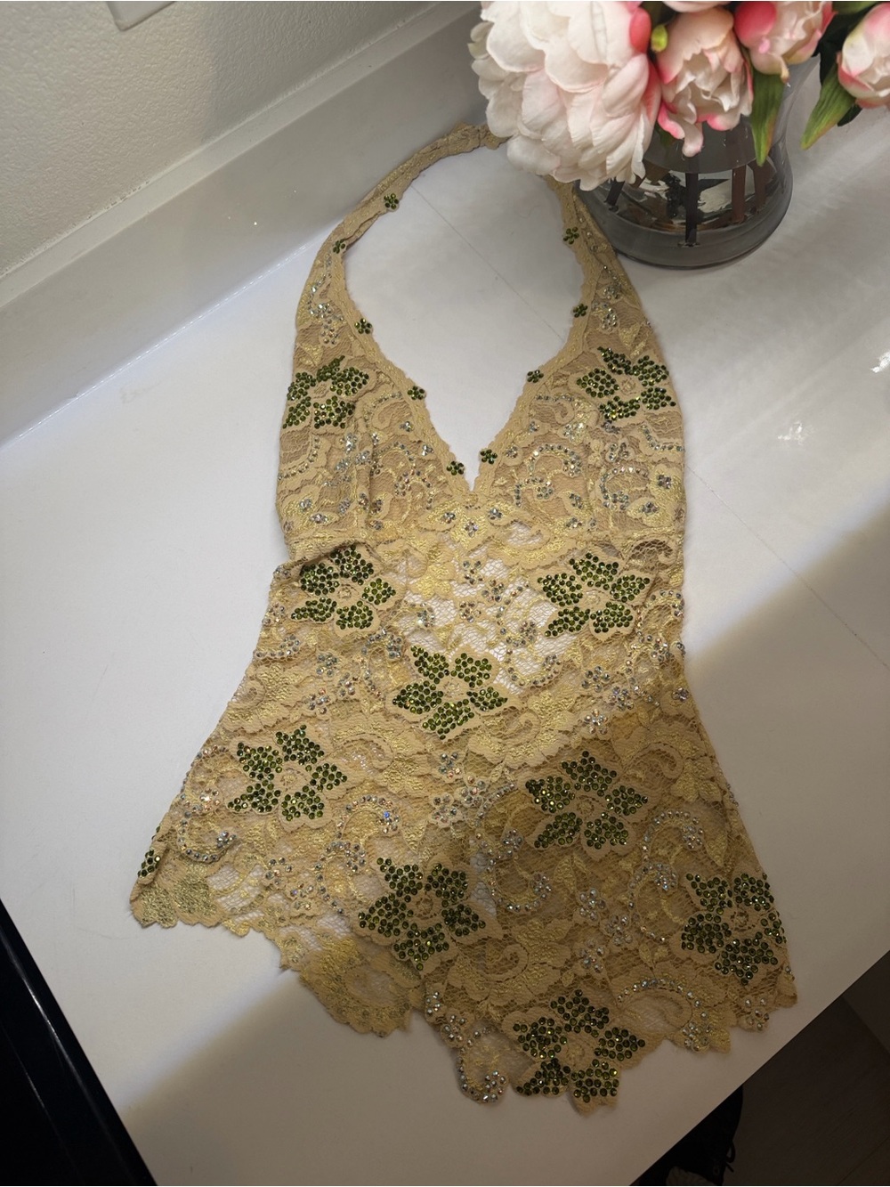 Custom Yellow Lace Halter Top with Green Swarovski crystals embellishments
